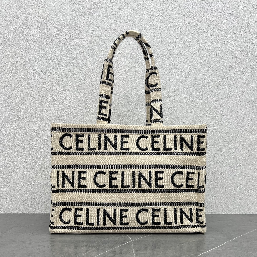 Celine Large Cabas Thais In Striped Textile With Celine Jacquard And Calfskin Cream/Black 196762